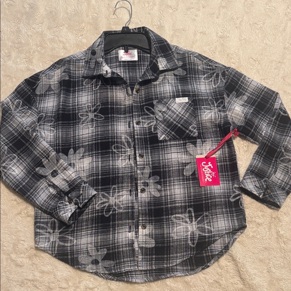 Justice Black and White Floral Plaid Shirt